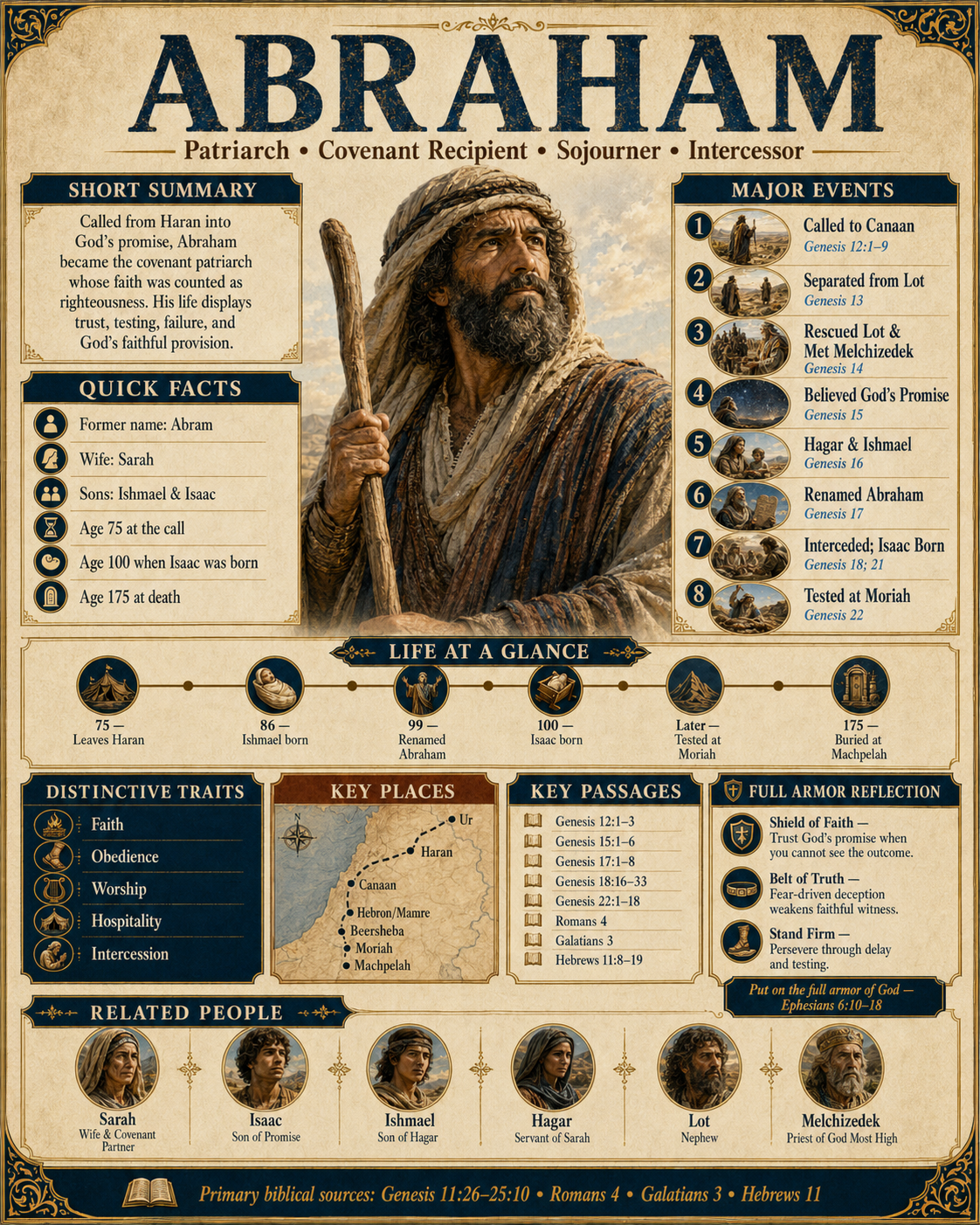 Abraham biblical character profile infographic with short summary, quick facts, age-based timeline, major events, traits, key places, key passages, Full Armor reflection, and related people.