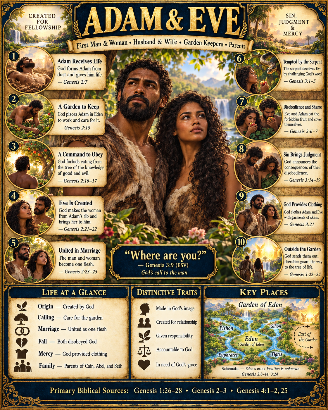 Adam and Eve Life and Legacy infographic depicting the first man and woman in the Garden of Eden. Ten numbered scenes show Adam receiving life, caring for the garden, God's command, Eve's creation, marriage, the serpent's temptation, disobedience and shame, judgment, God's provision of clothing, and their departure from Eden. Lower panels summarize their origin, calling, marriage, fall, mercy, family, and key places. The poster cites Genesis 1-4 and quotes Genesis 3:9.