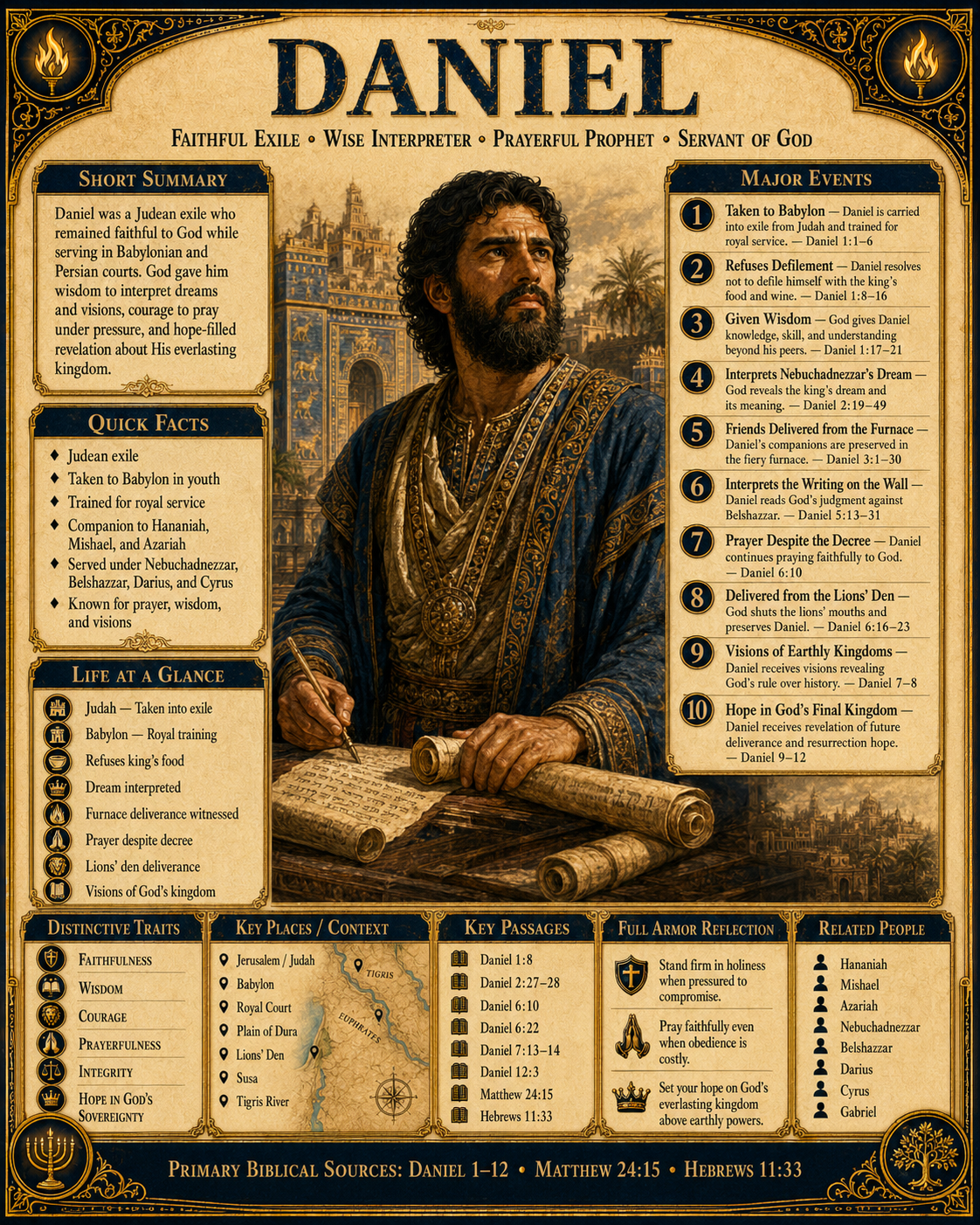 Vertical Daniel Character Profile Overview infographic presenting Daniel's roles as faithful exile, wise interpreter, prayerful prophet, and servant of God, with summary, quick facts, life timeline, major events, traits, key places, key passages, reflection, related people, and primary biblical sources.