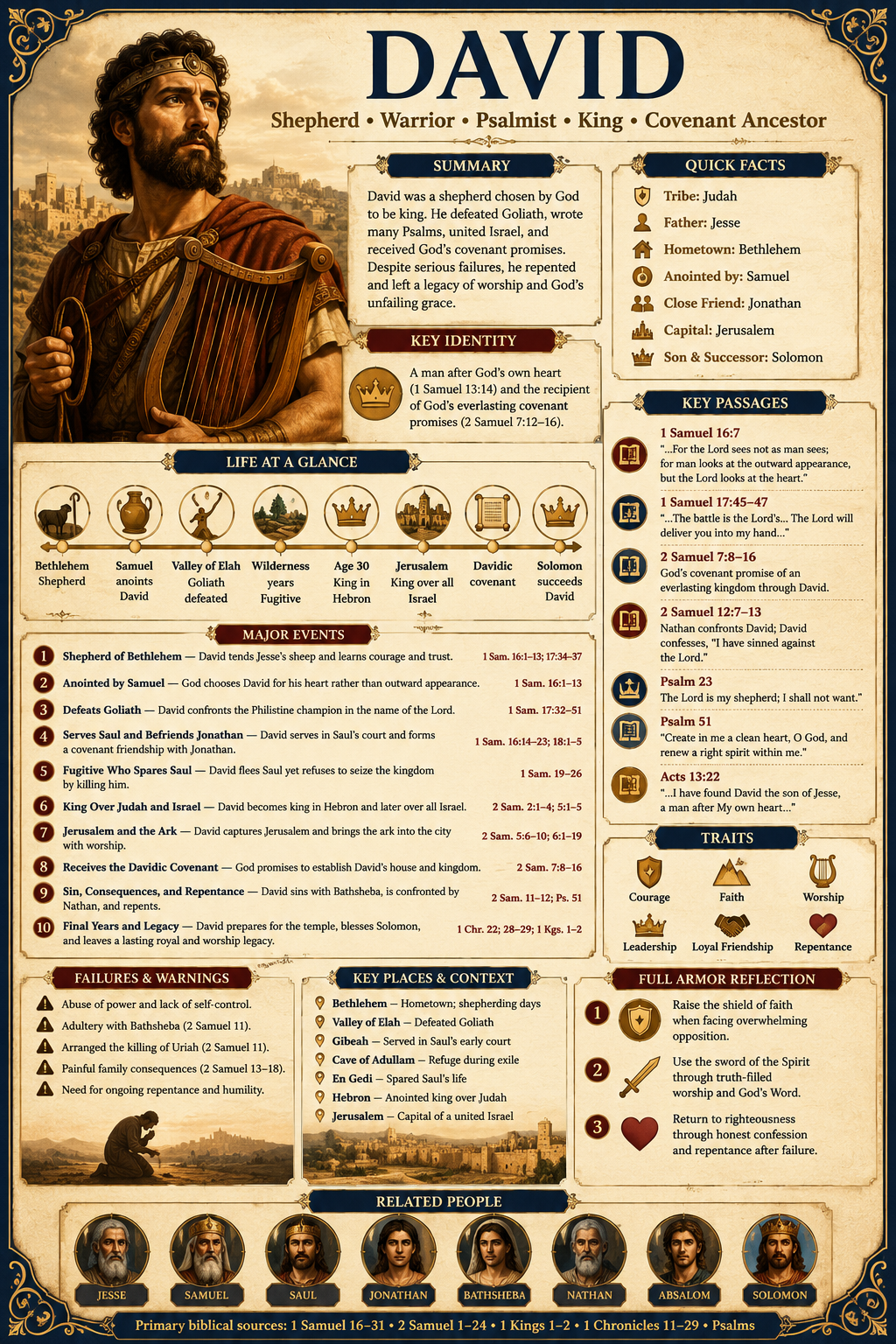 Vertical David Character Profile Overview infographic presenting David's roles as shepherd, warrior, psalmist, king, and covenant ancestor, with summary, quick facts, life timeline, major events, traits, warnings, key passages, reflection, related people, and biblical sources.