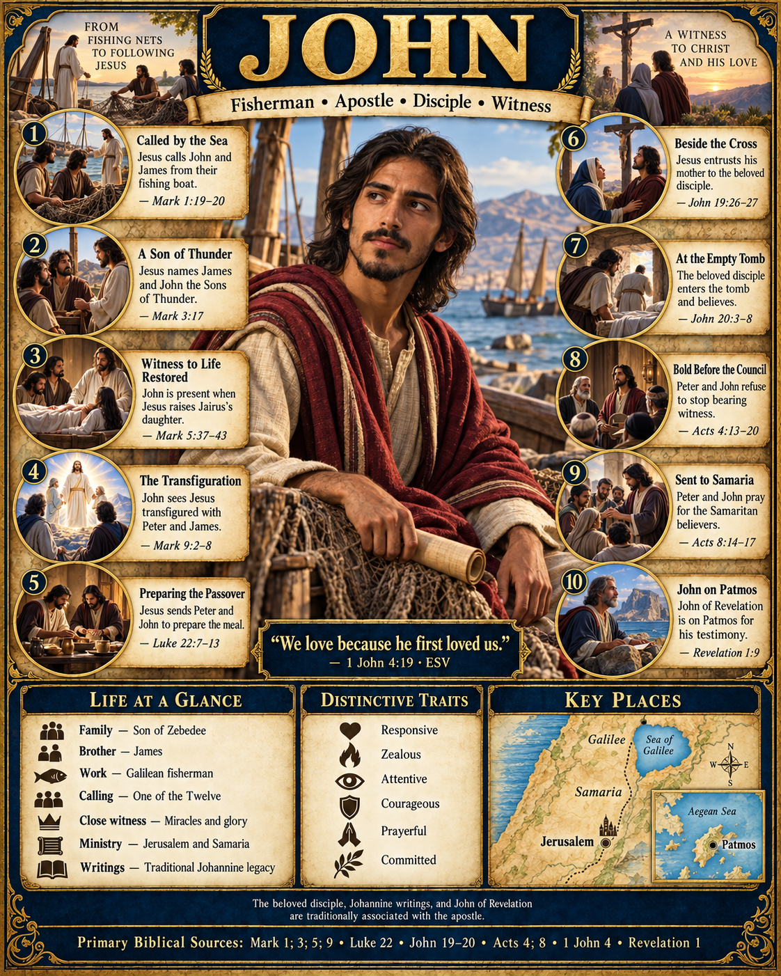 John Life and Legacy infographic depicting John with fishing nets and a scroll beside the Sea of Galilee. Ten numbered scenes show his calling, the Sons of Thunder, the raising of Jairus's daughter, the transfiguration, preparing the Passover, the beloved disciple at the cross and empty tomb, bold witness before the council, ministry in Samaria, and John of Revelation on Patmos. Lower panels summarize his life and traits and map Galilee, Jerusalem, Samaria, and Patmos. The poster quotes 1 John 4:19 and notes the traditional associations with the apostle.
