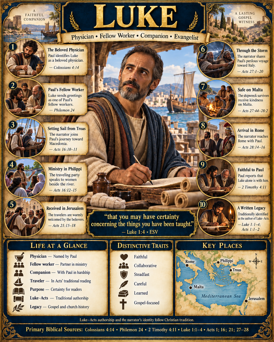 Luke Life and Legacy infographic depicting Luke writing beside scrolls at a Mediterranean harbor. Ten numbered scenes show the beloved physician, Paul's fellow worker, departure from Troas, ministry in Philippi, welcome in Jerusalem, a storm at sea, safety on Malta, arrival in Rome, faithfulness to Paul, and a written legacy. Lower panels summarize his life and traits and map Troas, Philippi, Jerusalem, Malta, and Rome. The poster quotes Luke 1:4.