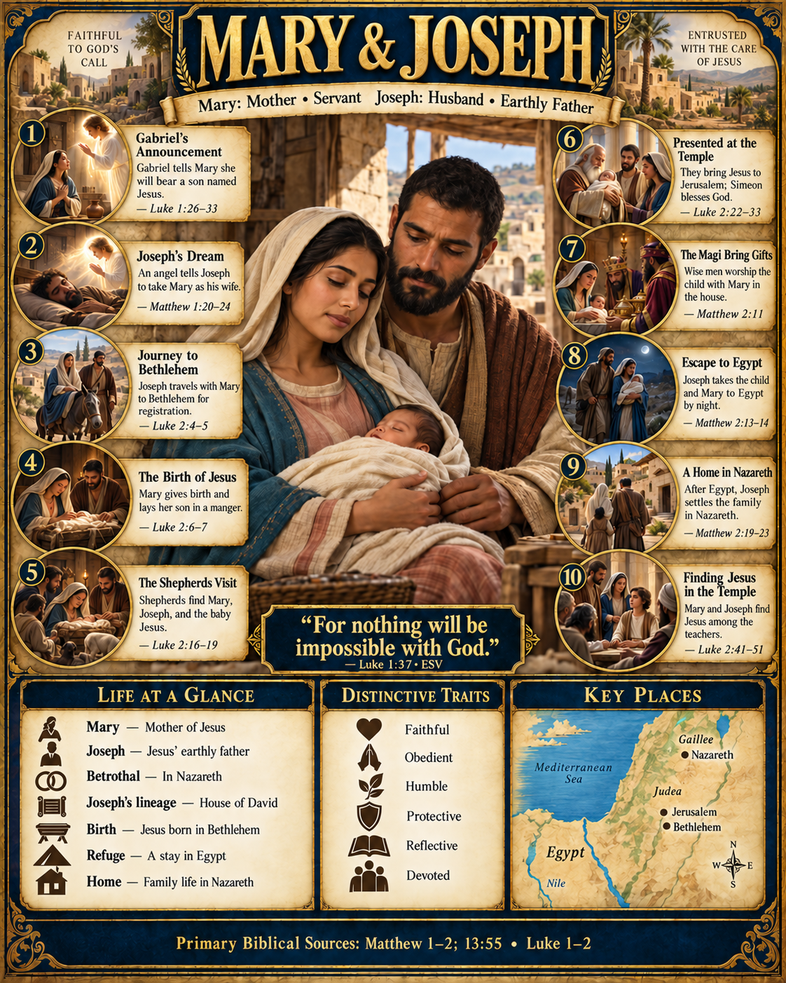 Mary and Joseph in God's Redemptive Plan infographic depicting Mary and Joseph holding the infant Jesus. Ten numbered scenes show Gabriel's announcement to Mary, Joseph's dream, the journey to Bethlehem, Jesus' birth, the shepherds' visit, presentation at the temple, gifts from the Magi, escape to Egypt, a home in Nazareth, and finding Jesus among the teachers. Lower panels summarize their life and traits and map Nazareth, Bethlehem, Jerusalem, and Egypt. Joseph is identified as Jesus' earthly father. The poster quotes Luke 1:37.