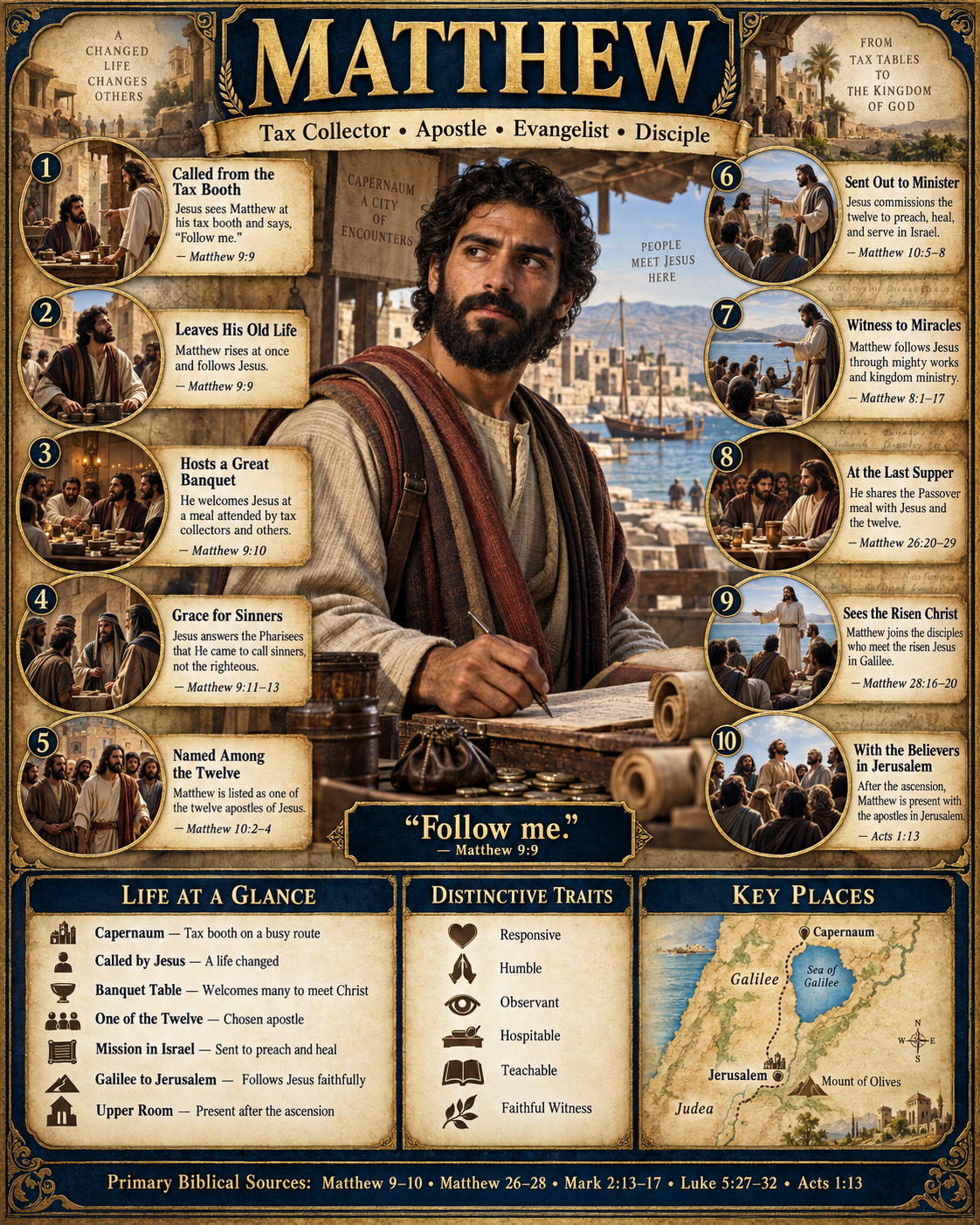 Matthew From Tax Booth to Apostle infographic depicting Matthew with coins and scrolls in Capernaum. Ten numbered scenes show his calling, leaving his old life, a banquet with Jesus, grace for sinners, being named among the twelve, being sent to minister, Jesus' miracles, the Last Supper, meeting the risen Christ, and gathering with believers in Jerusalem. Lower panels summarize his life, traits, and key places; the central quotation is 'Follow me' from Matthew 9:9.