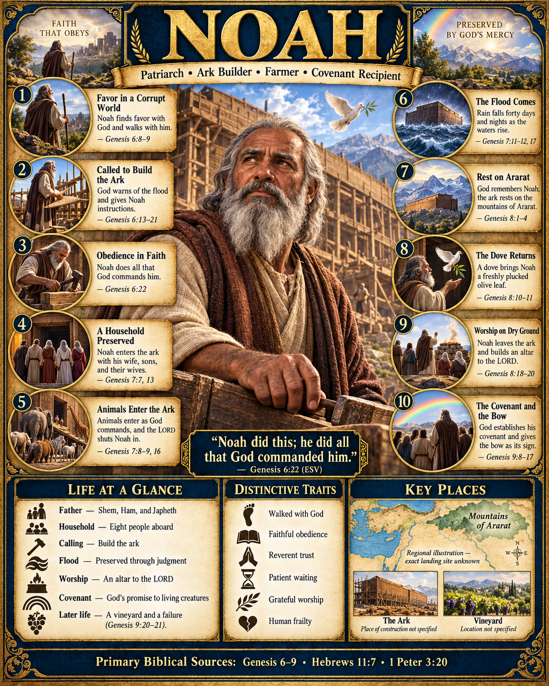 Noah Life and Legacy infographic depicting Noah beside the ark. Ten numbered scenes show Noah finding favor with God, receiving instructions to build the ark, obeying, entering with his household, the animals entering, the flood, the ark resting on Ararat, the dove returning with an olive leaf, worship on dry ground, and God's covenant with the bow as its sign. Lower panels summarize his family, household, calling, flood, worship, covenant, later failure in the vineyard, distinctive traits, and key places. The poster quotes Genesis 6:22 and cites Hebrews 11:7 and 1 Peter 3:20.