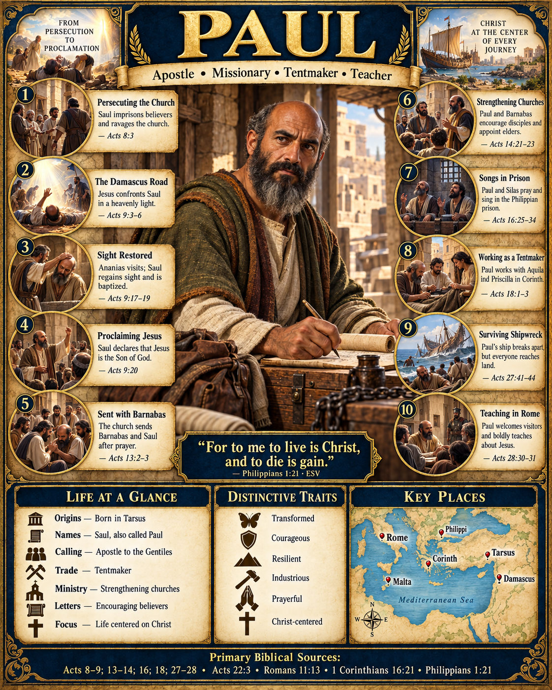 Paul Life and Legacy infographic depicting Paul writing beside scrolls and travel supplies. Ten numbered scenes show Saul persecuting the church, encountering Jesus on the Damascus road, regaining sight and being baptized, proclaiming Jesus, being sent with Barnabas, strengthening churches, praying and singing with Silas in prison, working with Aquila and Priscilla as a tentmaker, surviving shipwreck, and teaching in Rome. Lower panels summarize his life and traits and map Tarsus, Damascus, Philippi, Corinth, Malta, and Rome. The poster quotes Philippians 1:21.