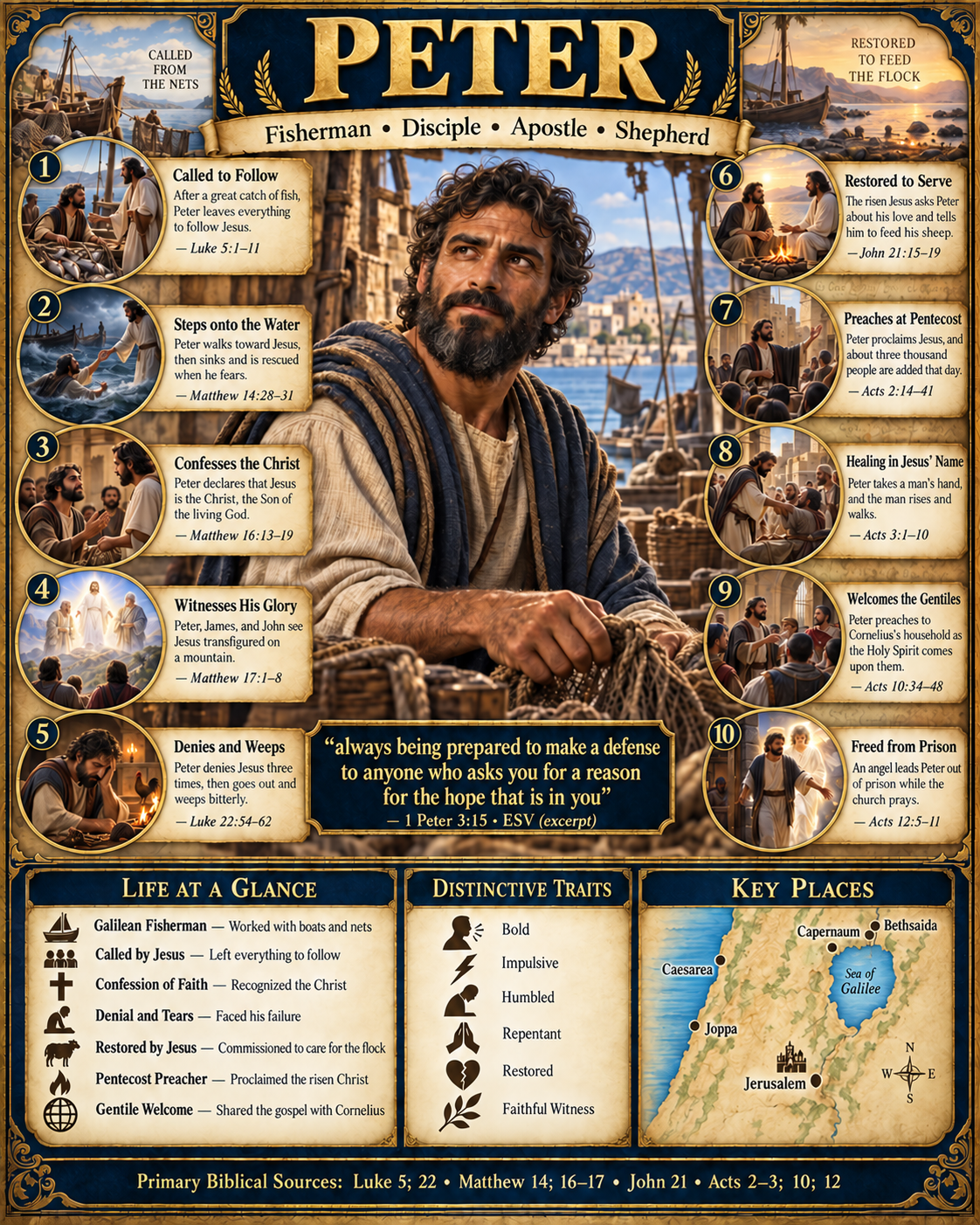 Peter Life and Legacy infographic depicting Peter with fishing nets beside the Sea of Galilee. Ten numbered scenes show his calling, walking on water, confession of Christ, the transfiguration, denial and tears, restoration by Jesus, preaching at Pentecost, healing in Jesus' name, welcoming Cornelius's household, and release from prison. Lower panels summarize his life, traits, and key places; the poster includes an excerpt from 1 Peter 3:15.