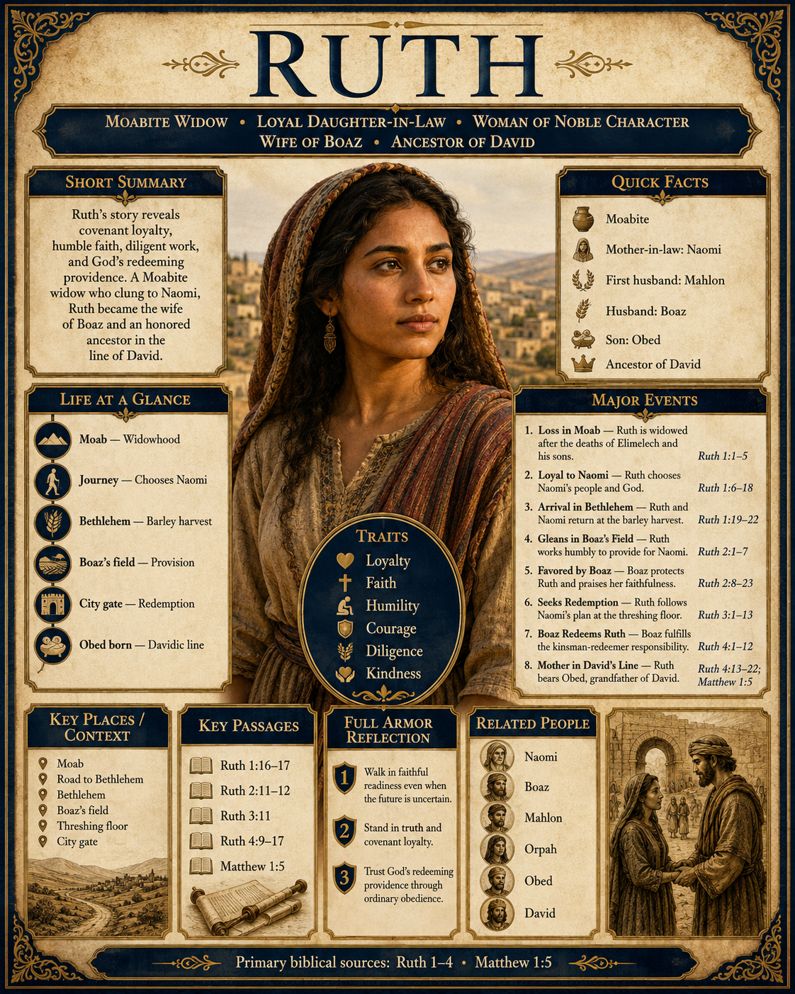 Vertical Ruth Character Profile Overview infographic presenting Ruth's summary, quick facts, life timeline, major events, traits, key places, key passages, Full Armor reflection, related people, and biblical sources.