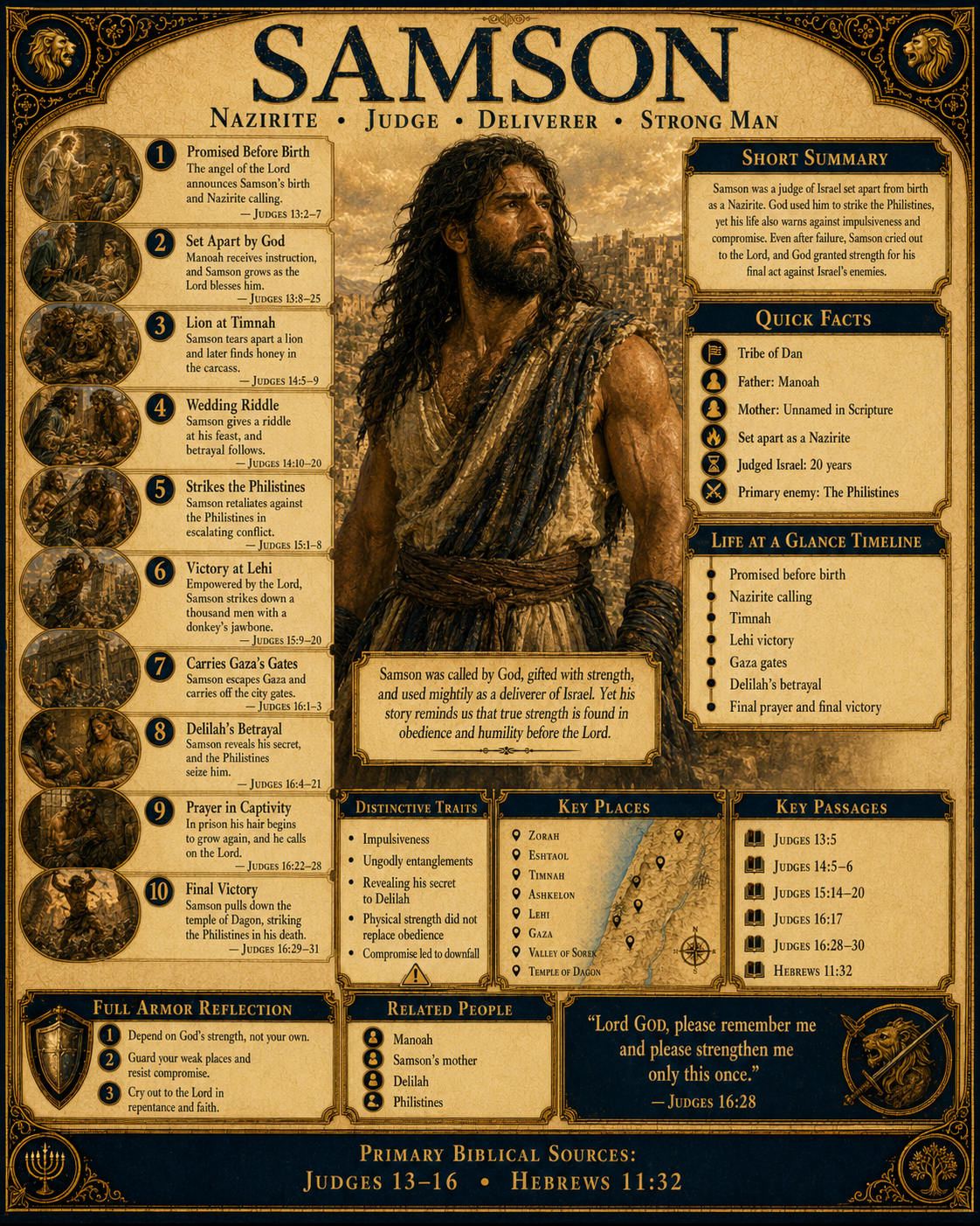 Vertical Samson Character Profile Overview infographic presenting Samson's roles as Nazirite, judge, deliverer, and humbled servant, with summary, quick facts, life timeline, major events, distinctive traits, key places, key passages, Full Armor reflection, related people, and primary biblical sources.