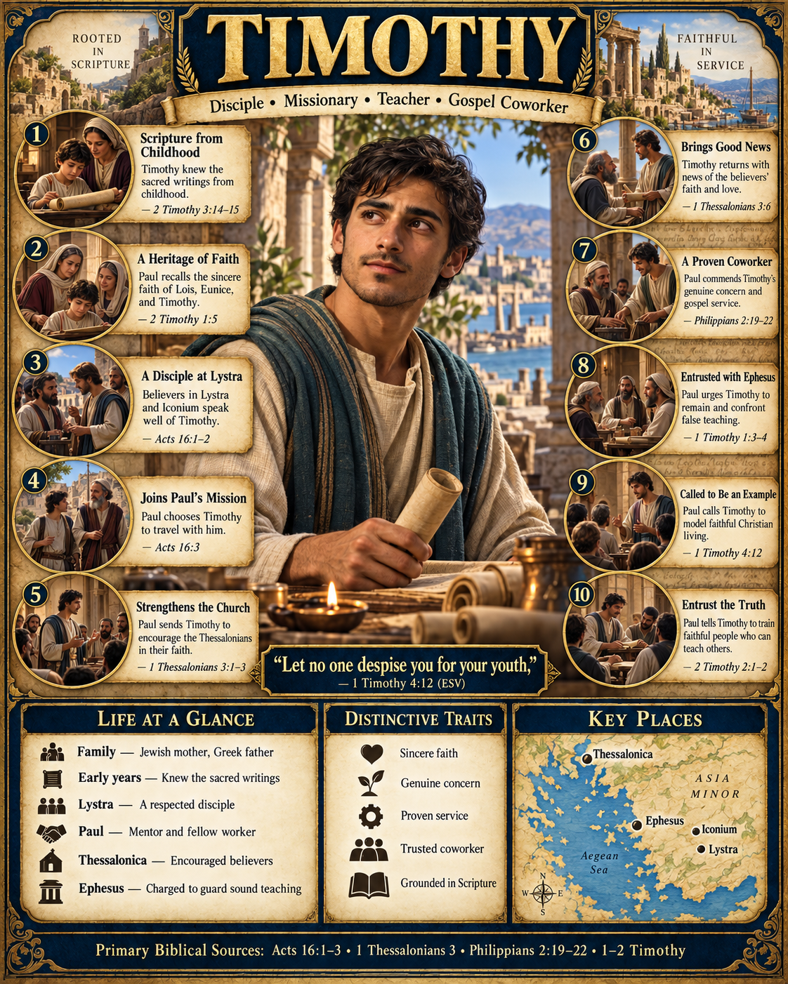 Timothy Life and Legacy infographic depicting Timothy studying a scroll. Ten numbered scenes show Scripture from childhood, the faith of Lois and Eunice, Timothy's good report in Lystra and Iconium, joining Paul's mission, strengthening the Thessalonians, bringing news of their faith, proven service, ministry entrusted in Ephesus, an example to believers, and training faithful teachers. Lower panels summarize his family, service, traits, and key places. The poster quotes 1 Timothy 4:12.