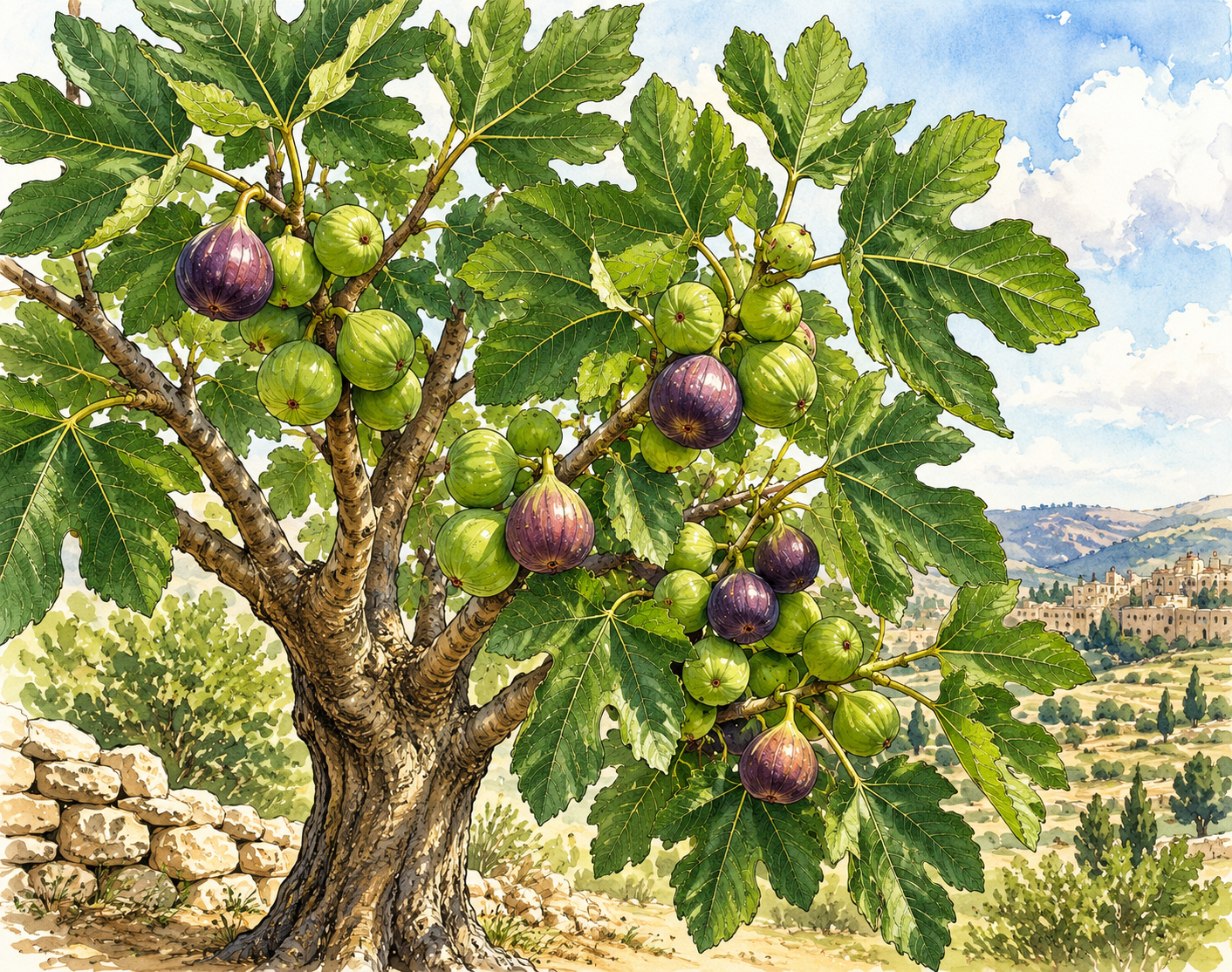 Watercolor illustration of a fig tree with leaves and figs
